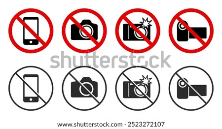 No photography allowed. Do not take pictures with flash. Video recording is prohibited. Restrictive signs with camera icons. Vector illustration