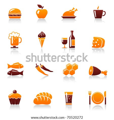 Food and drink vector icon set. Hamburger, apple, chicken, coffee cup, beer mug, ice cream, wine bottle, cheese, fish, pepper, honey, meat, cake, bread, soda, fork, plate, knife pictogram