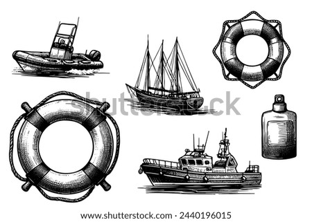 A collection of black and white drawings of boats and life preservers. Scene is calm and peaceful, as the boats and life preservers are all depicted in a serene setting