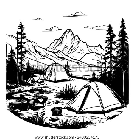 A black and white drawing of a campsite with a tent and a mountain in the background. Scene is peaceful and serene, as it depicts a quiet moment in nature