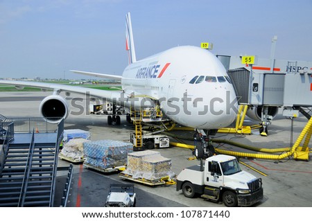 MONTREAL - CANADA MAY 25: Air France A380 a the Montreal's airport in preparation for takeoff on May 25 2012, Montreal, Canada. A380 is the world's largest passenger airliner