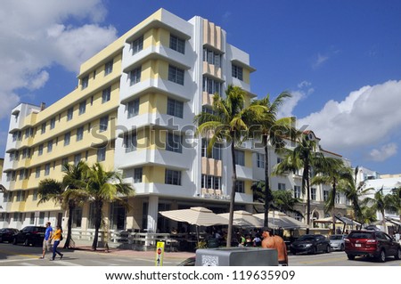 MIAMI SOUTH BEACH FLORIDA, USA - OCTOBER 29: Ocean drive buildings October 29, 2012 in Miami Beach, Florida. Art Deco architecture in South Beach is one of the main tourist attractions in Miami.
