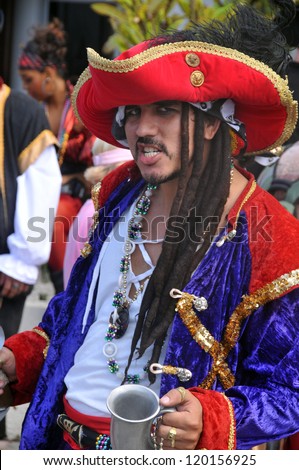 GEORGETOWN-CAYMAN ISLAND-NOVEMBER 10: Unidentified man dress as pirate participate a the Pirates Week 2012 from 8 to 18 November on november 10 2012 in Georgetown Cayman Island.