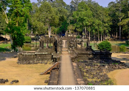 The Terrace of the Leper King (or Leper King Terrace, Preah Learn Sdech Kunlung is located in the northwest corner of the Royal Square of Angkor Thom, Cambodia.