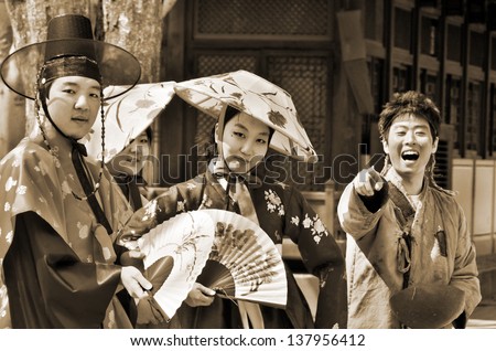 SEOUL KOREA APRIL 7: Actor in traditional korean reacting show on april 7 2013 in Seoul Korea