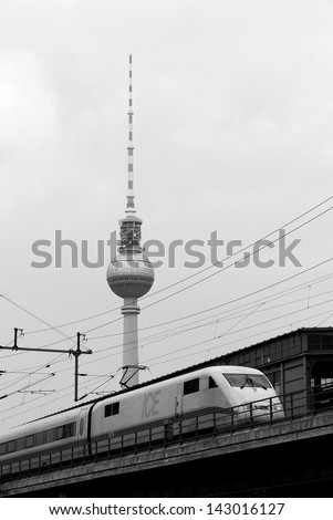 BERLIN GERMANY-MAY 24: Intercity Express (ICE) train of Deutsche Bahn on may 24, 2010 in Berlin, Germany. ICE are German tilting high-speed electric multiple-unit trains in service with Deutsche Bahn