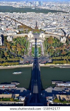 Bird's eye view of the Eiffel tower's shadow, the Trocadero place and the city of Paris ,France.