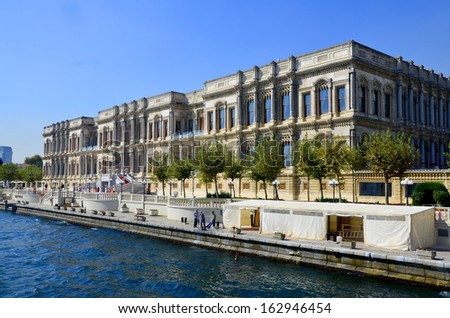 ISTANBUL TURKEY OCT 02: C?ragan Palaceon a former Ottoman palace, is now a 5 star hotel of the Kempinski Hotels chain  located on the European shore of the Bosporus on oct 02, 2013 in Istanbul, Turkey