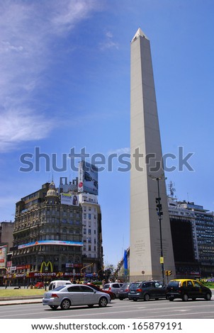 BUENOS AREAS ARGENTINA NOVEMBER 29:Obelisco Avenida 9 de Julio is a wide avenue in the city of Buenos Aires, Argentina. Its name honors Argentina\'s Independence Day, July 9, 1816. On nov. 29 2011