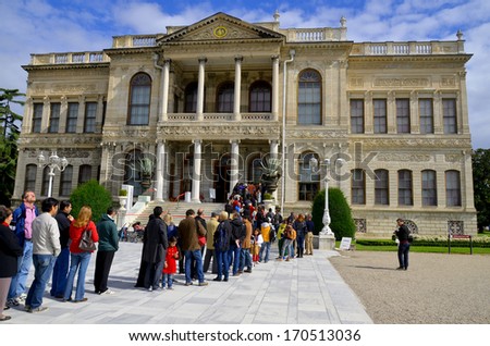 ISTANBUL TURKEY OCT 02: Dolmabahce Palace on oct 02, 2013 in Istanbul, Turkey. Dolmabahce Palace was ordered by the Ottoman Empire\'s 31st Sultan, Abdulmecid I, and built between the years 1843 & 1856.