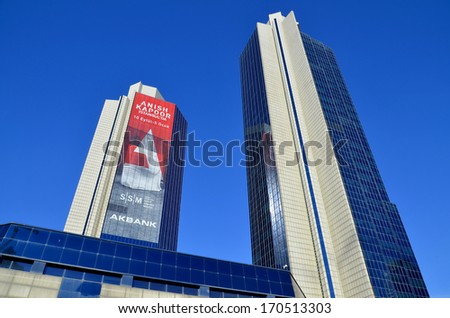 ISTANBUL TURKEY SEPTEMBER 29: Modern business buildings in downtown Istanbul on september 29 2013 in Istanbul Turkey. The population of Istanbul was 13,85 millions (2012)