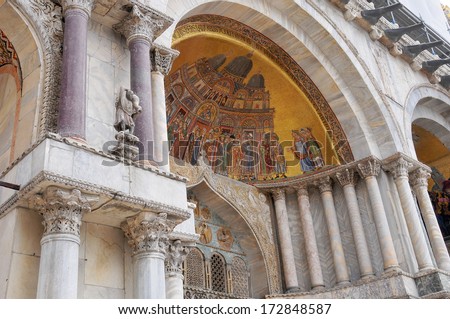Details of facade, San Marco Basilica in Venice The Patriarchal Cathedral Basilica of Saint Mark is the cathedral church of the Roman Catholic Archdiocese of Venice