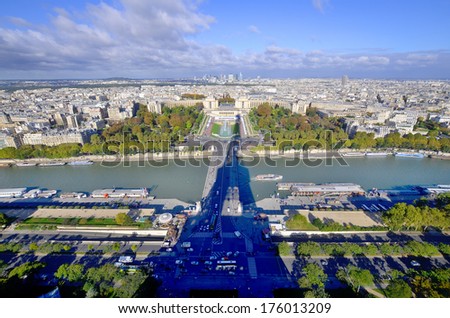 Bird\'s eye view of the Eiffel tower\'s shadow, the Trocadero place and the city of Paris ,France.