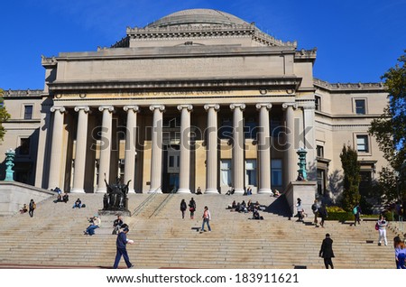 NEW YORK CITY-OCT 27: Columbia University Library and statue of Alma Mater, New York,NY,on Otc 27, 2014. It is the oldest institution of higher learning in the state of NY, the 5th oldest in the USA