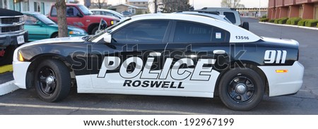 SANTA FE NM AVRIL 23: Roswell Police Department car. On april 23 2014 in santa Fe New Mexico USA. Roswell is known for having its name attached to what is now called the 1947 Roswell UFO incident