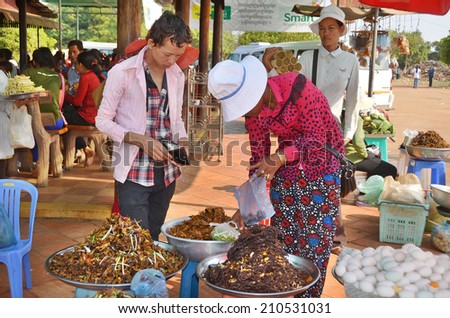 KAMPONG THUM CAMBODIA MARCH 26: People sale fried bugs, spiders, crickets and little birds on march 26 2013 in Kampong Thum Cambodia. Cambodia\'s bug specialty is big, juicy, fried SPIDERS.