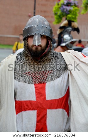 MONTREAL CANADA AUGUST 30: People wear as a middle age persons for the presentation of new TV series Moyen age Quebec Middle Ages on august 30 2014 in Montreal Canada