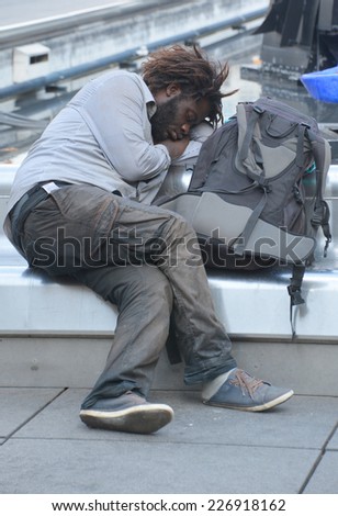 PARIS FRANCE OCTOBER 18: Homeless man in the heart of downtown Paris on october 18 2014. A homeless person dies \'every 20 hours\' in France