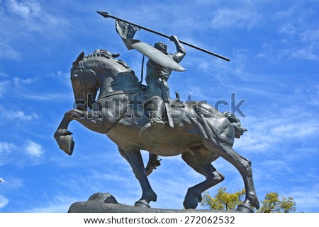 SAN DIEGO CA USA APRIL 10: The 23 foot tall statue of Rodrigo Diaz de Vivar (El Cid) of Spain\'s war against the Moors. Balboa Park San Diego. On april 10 2015