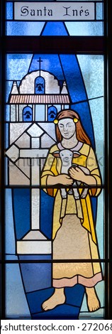 HALF MOON BAY CA USA APRIL 12: Santa Ines (Saint Agnes of Rome)  stained gals window in Our Lady of the Pillar Church on april 12 2015 in Half Moon Bay, CA,