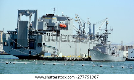 SAN DIEGO CA USA APRIL 09 2015: USNS Bob Hope (T-AKR-300) the lead ship of her class of vehicle cargo ships for Army vehicle prepositioning, is the only naval ship of the US to be named after Bob Hope