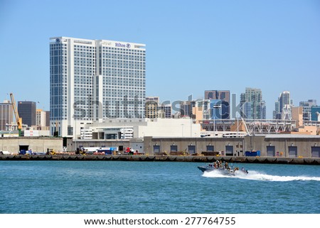 SAN DIEGO CA USA APRIL 08 2015: Hilton San Diego Bayfront is the 16th tallest building in San Diego, California and is a prominent fixture in San Diego\'s skyline. in the Marina district of San Diego,