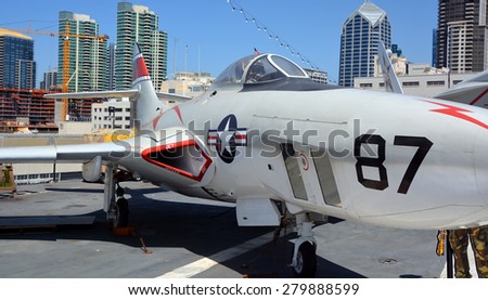 SAN DIEGO CA USA APRIL 07 2015: The Grumman F9F/F-9 Cougar was an aircraft carrier-based fighter aircraft for the United States Navy.