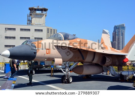 SAN DIEGO CA USA APRIL 07 2015: The McDonnell Douglas  (now Boeing) F/A-18 Hornet is a twin-engine supersonic, capable multirole combat jet, designed as both a fighter and attack aircraft.