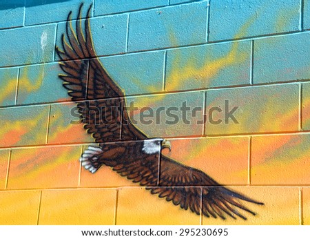 NANAIMO BC CANADA JUNE 21 2015: Bald eagle mural art in Nanaimo is a city on Vancouver Island in British Columbia, Canada. It is known as \