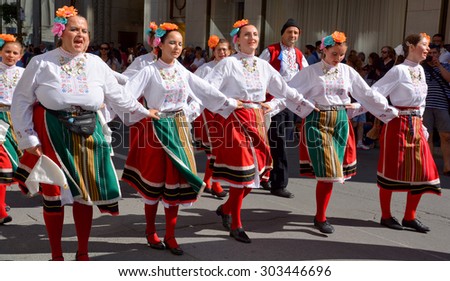 MONTREAL QUBEC CANADA 08 01 2015: Bulgarian folk dancer are intimately related to the music of Bulgaria feature of Balkan folk music is the asymmetrical meter, combinations of \'quick\' and \'slow\' beats