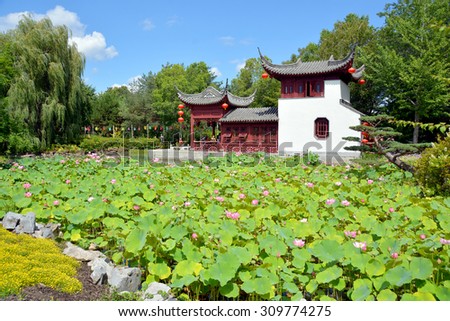 MONTREAL CANADA AGUSTE 21 2015: Chinese garden of Montreal's botanical garden is considered to be one of the most important botanical gardens in the world due to the extent of its collections.