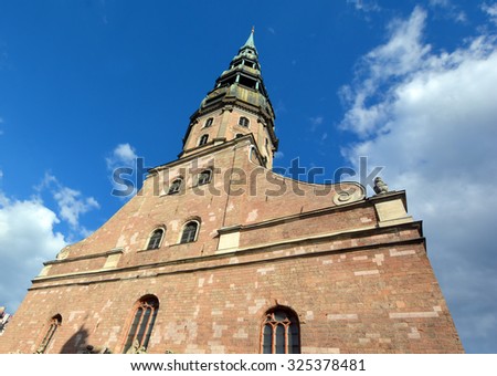 RIGA LATVIA 17 09 2015: St. Peter\'s Church is a Lutheran church in Riga, the capital of Latvia, dedicated to Saint Peter. It is a parish church of the Evangelical Lutheran Church of Latvia.