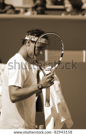 MONTREAL - AUGUST 5:Raphael Nadal on training court at Montreal Rogers Cup on August 5, 2011 in Montreal, Canada. Rafael \