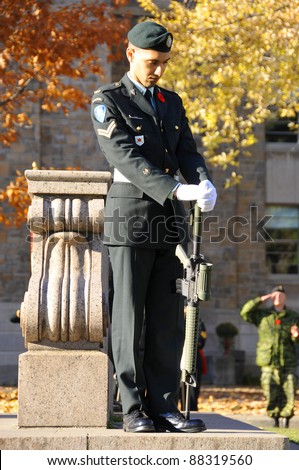 MONTREAL CANADA NOVEMBER 6 :Canadians soldier in uniform for the remembrance Day on November 6,  2011, Montreal, Canada.The day was dedicated by King George V on 7-11-19 as a day of remembrance.
