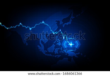 abstract background of futuristic technology blue asia pacific maps and economy crisis down stock market graph