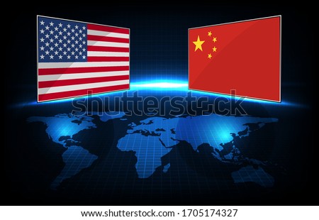 abstract background futuristic technology of china flag and united state of america (USA) flag with world maps