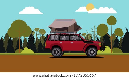 Vector illustration of flat design red off road vehicle car camping with roof top tent with nature scene