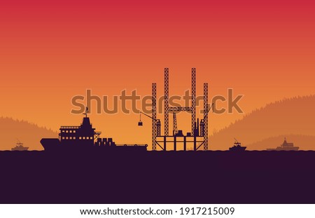 silhouette  service vessel ship with operation petroleum platform on orange gradient background