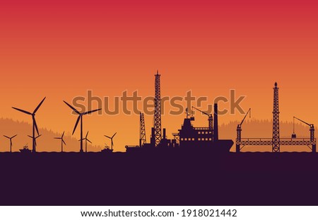 silhouette  service vessel ship with operation petroleum platform on orange gradient background