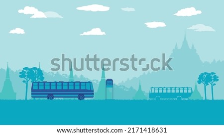 flat cartoon of public bus and bus stop sign and pagoda at Thailand