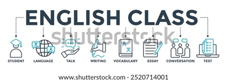 English class banner concept with icon of student, language, talk, writing, vocabulary, essay, conversation, test. Web icon vector illustration
