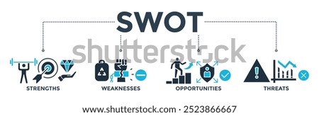 SWOT banner web icon vector illustration concept for strengths, weaknesses, opportunities and threats analysis with an icon of value, goal, break chain, low battery, growth, check, minus, and crisis 
