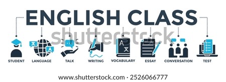 English class banner concept with icon of student, language, talk, writing, vocabulary, essay, conversation, test. Web icon vector illustration
