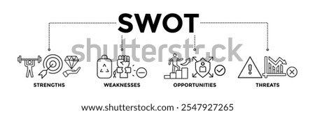 SWOT banner icons set for strengths, weaknesses, opportunities and threats analysis with black outline icon of value, goal, break chain, low battery, growth, check, minus, and crisis 
