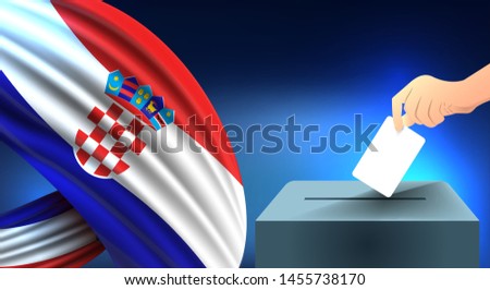 Male hand puts down a white sheet of paper with a mark as a symbol of a ballot paper against the background of the Croatia flag, Croatia the symbol of elections