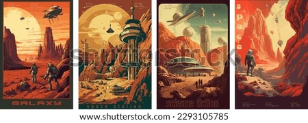 Retro science fiction, a space exploration scene on Mars and astronaut illustration poster set.