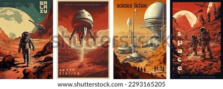 Retro science fiction, a space exploration scene on Mars and astronaut illustration poster set.