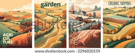 Nature and farm landscape. village, sky, field, trees, house and lawn for background, poster vector illustration set
