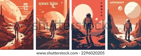 Retro science fiction, a space exploration scene on Mars and astronaut illustration poster set.