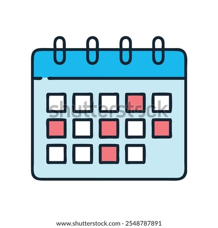 Calendar Icon with Highlighted Red Dates, Colorful calendar icon featuring a blue header and multiple red-highlighted dates, ideal for scheduling, event planning, and time management themes.